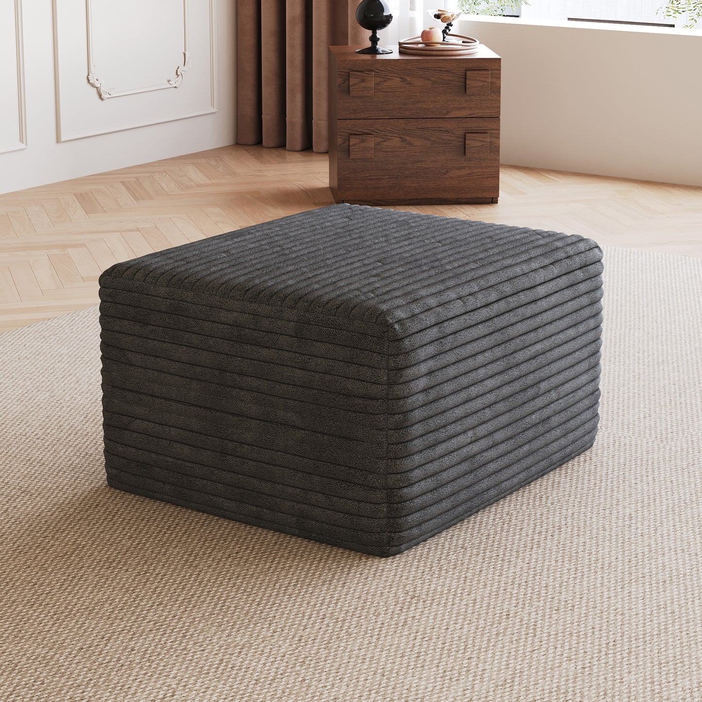 Dark Grey Plush Corduroy Sofa Ottoman - No Assembly Required
