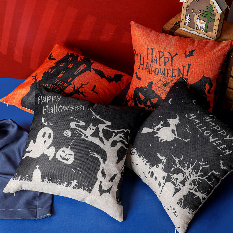Halloween Themed Linen Plush Square Pillowcase - 43x43cm Decorative Throw Pillow Cover