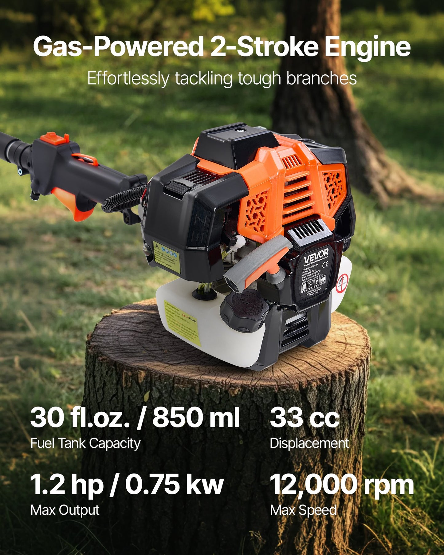 Gas Pole Saw 33cc 2-Stroke Extendable Cordless Tree Trimmer with 8-In Bar