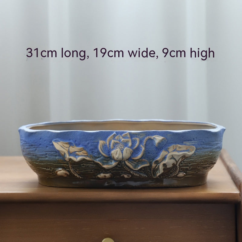 Large Ceramic Flower Pot with Shallow Mouth and Oval Rectangular Design for Home Garden