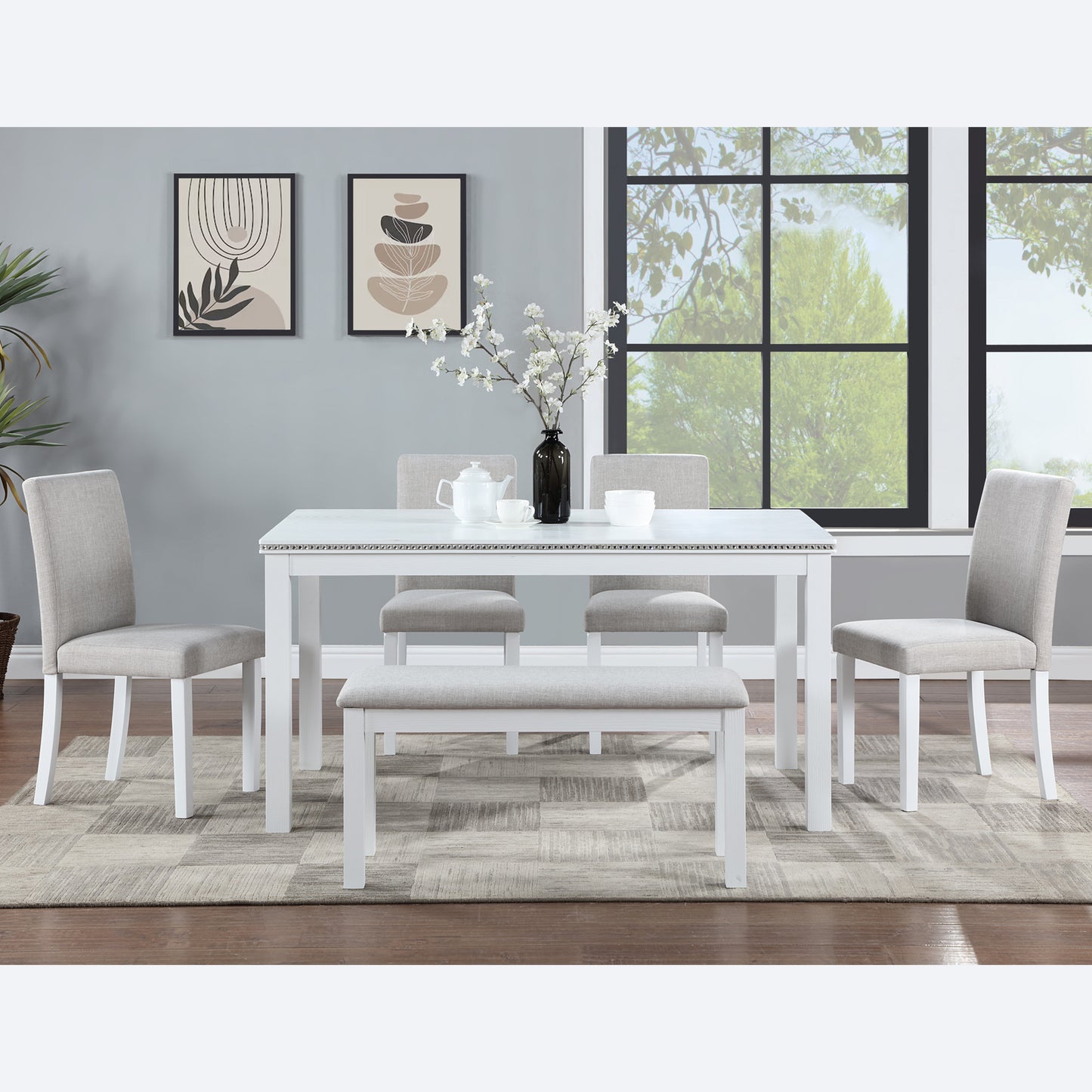 6-Piece Wooden Dining Table Set with 4 Chairs & Bench - White