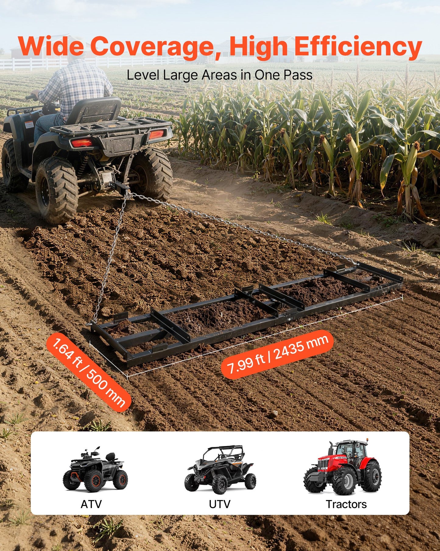 Heavy Duty Tow-Behind Drag Harrow 96x20 Inch for Driveway and Lawn Leveling