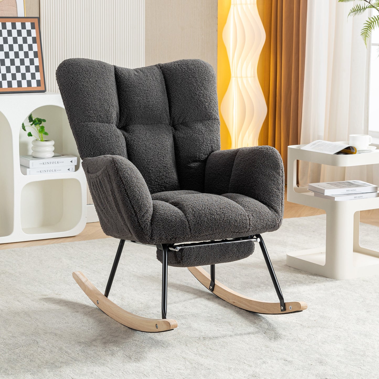 Modern Teddy Fabric Rocking Chair with Adjustable Footstool - Dark Gray