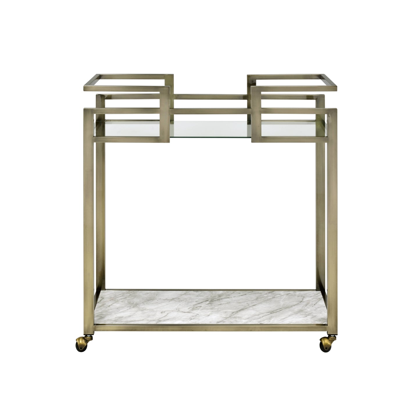 Clear Glass Serving Cart with Faux Marble Top & Brass Finish
