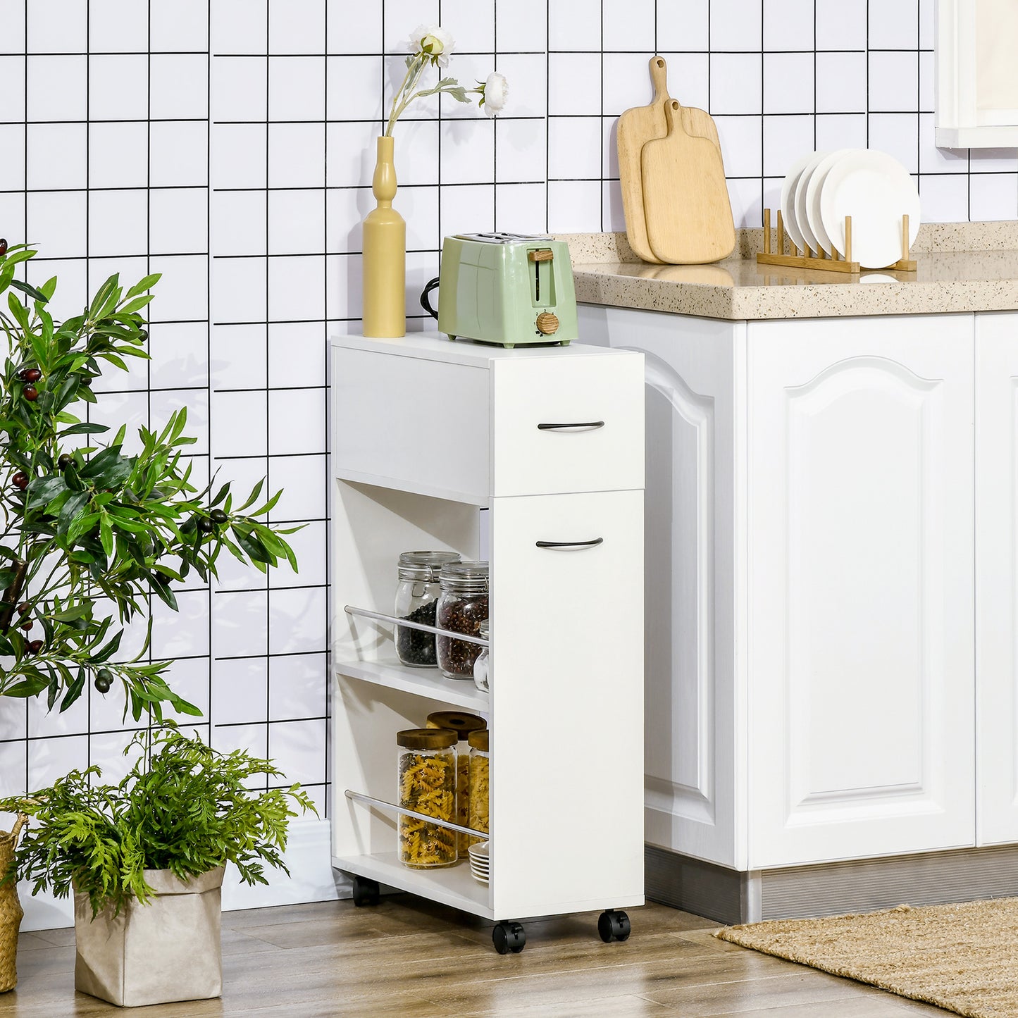 3-Tier Slim Rolling Storage Cart for Kitchen & Bathroom - White