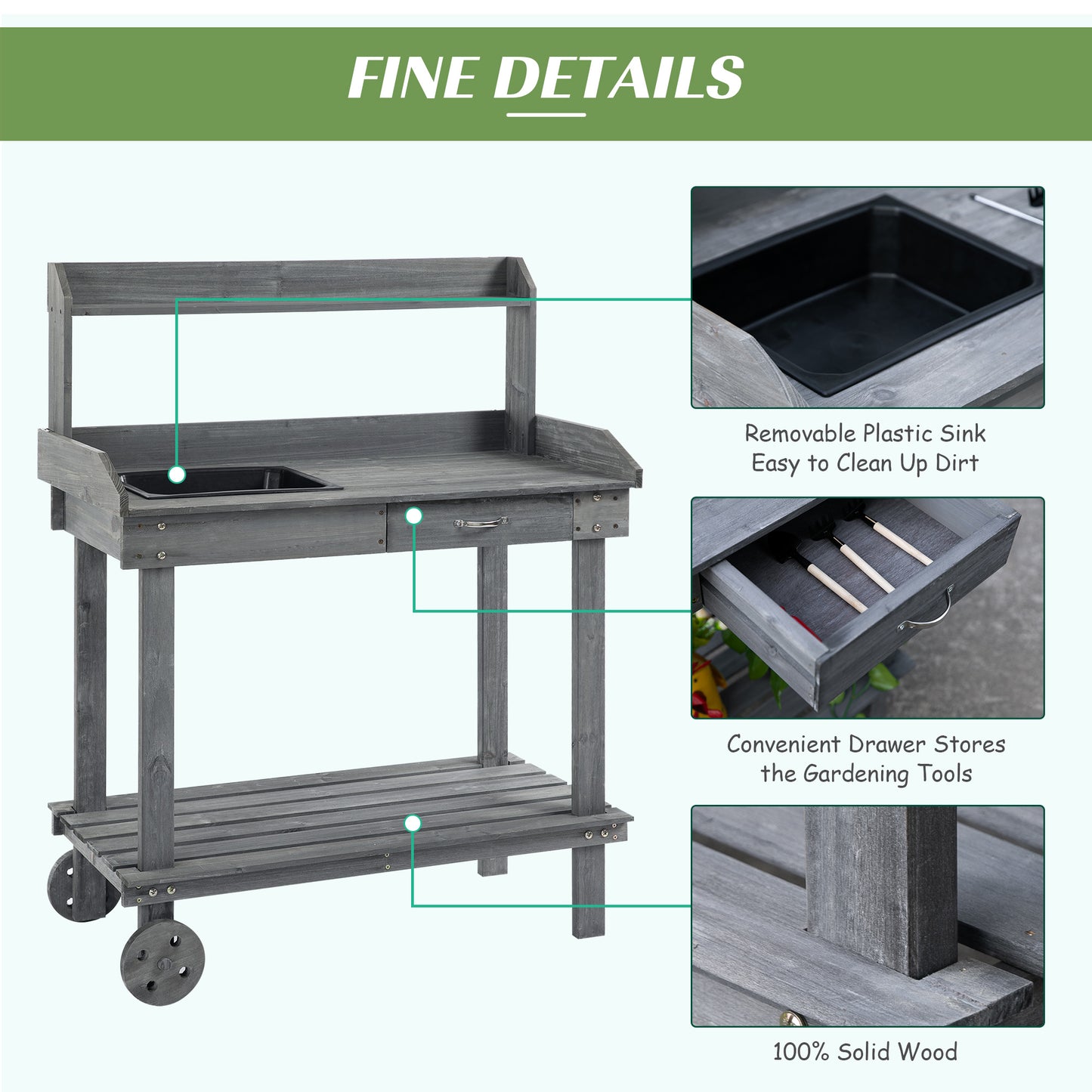 Wooden Potting Bench with Sink, Wheels, Drawer & Storage - Gray Garden Work Table