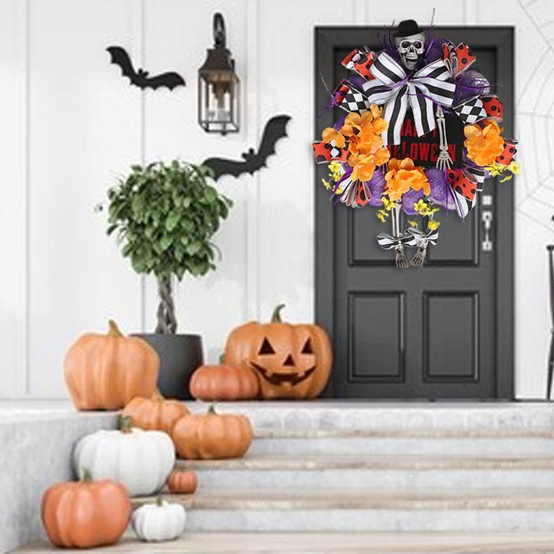 Halloween Skeleton Door Hanger Rattan Pumpkin Wreath Front Door Decor
