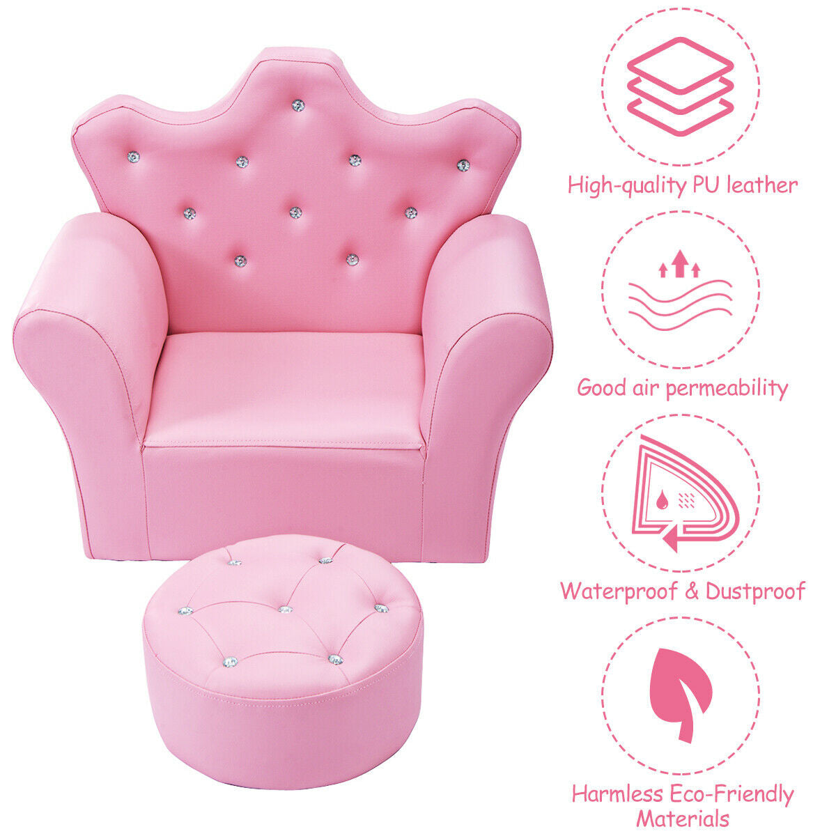 Kids Pink Sofa with Ottoman - Ergonomic Design, 110 lbs Capacity