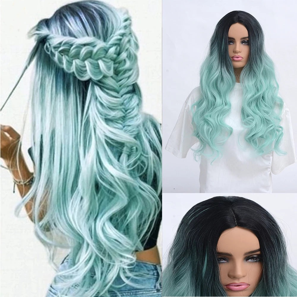 Black Mint Green Synthetic Wig - Long Curled Split Fiber Hair Extension