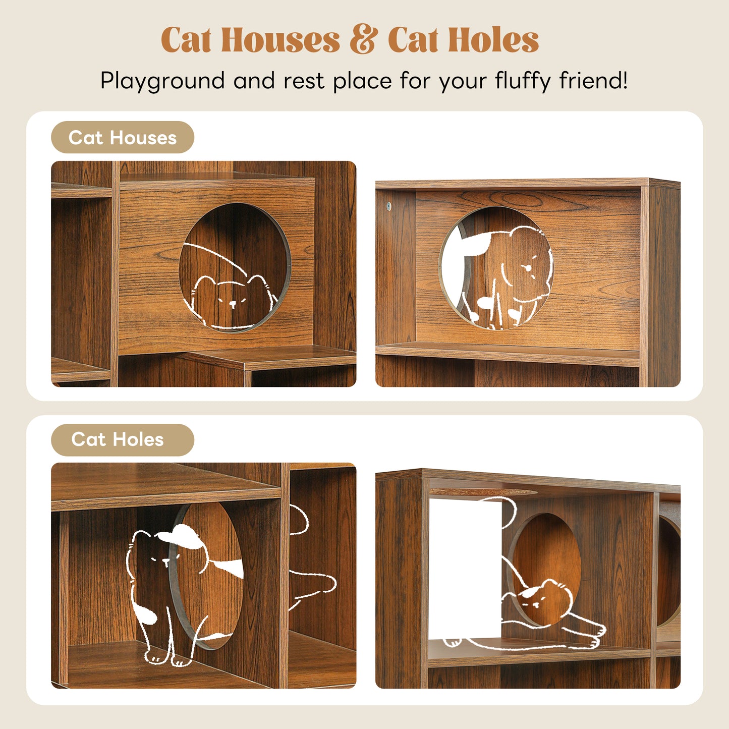Modern 2 IN 1 Wood Bookshelf Cat House, Tree Display Case With