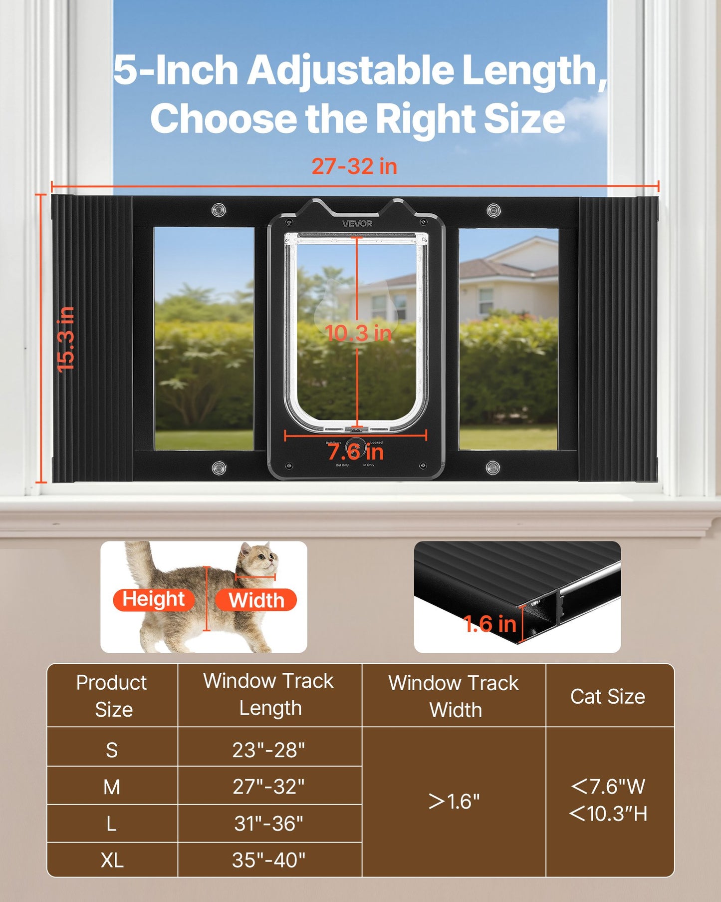 Adjustable Cat Door for Window - Weatherproof Aluminum Frame with Magnetic Closure