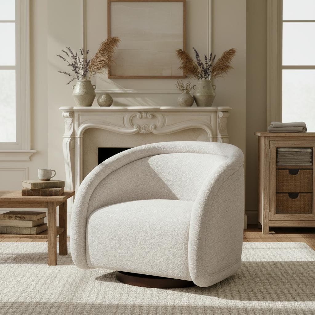 Sabbo Beige Boucle Swivel Chair With Walnut-Finished Solid Wood Base