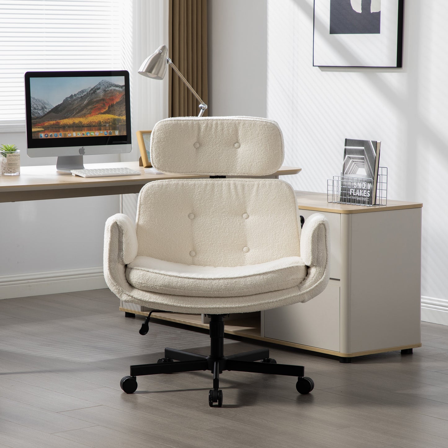 Lounge Desk Chair with Adjustable Armrests & Wheels - Ivory