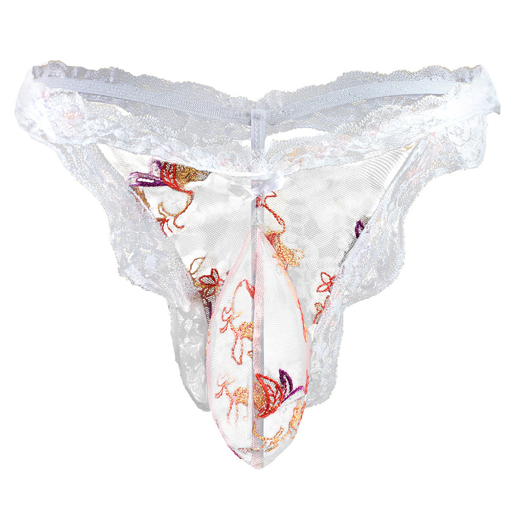 Men's Lace T-Back Underwear - Comfortable White Nylon Briefs
