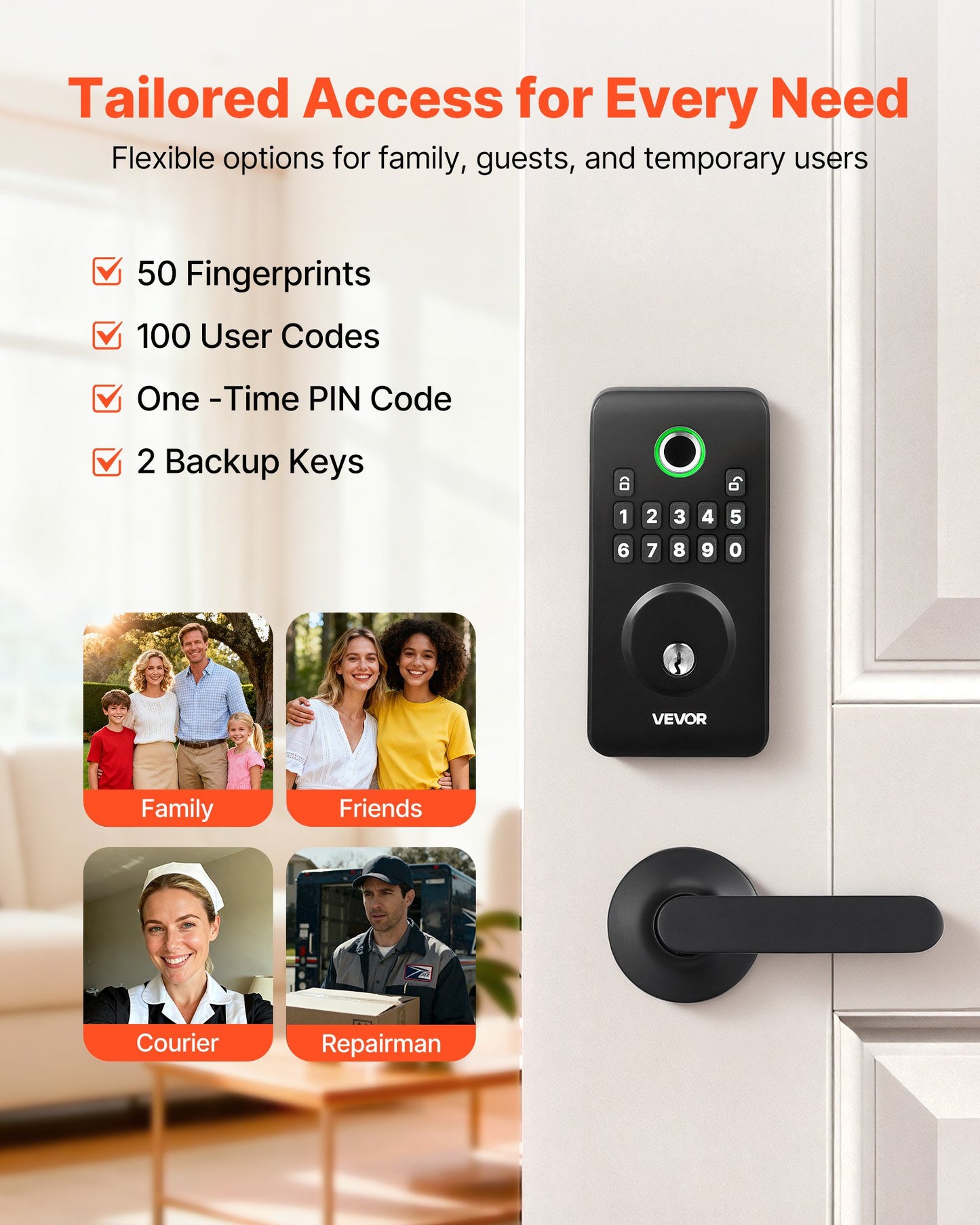 Keyless Fingerprint Door Lock Set with Handle - Auto Lock, Anti-Peek, Matte Black