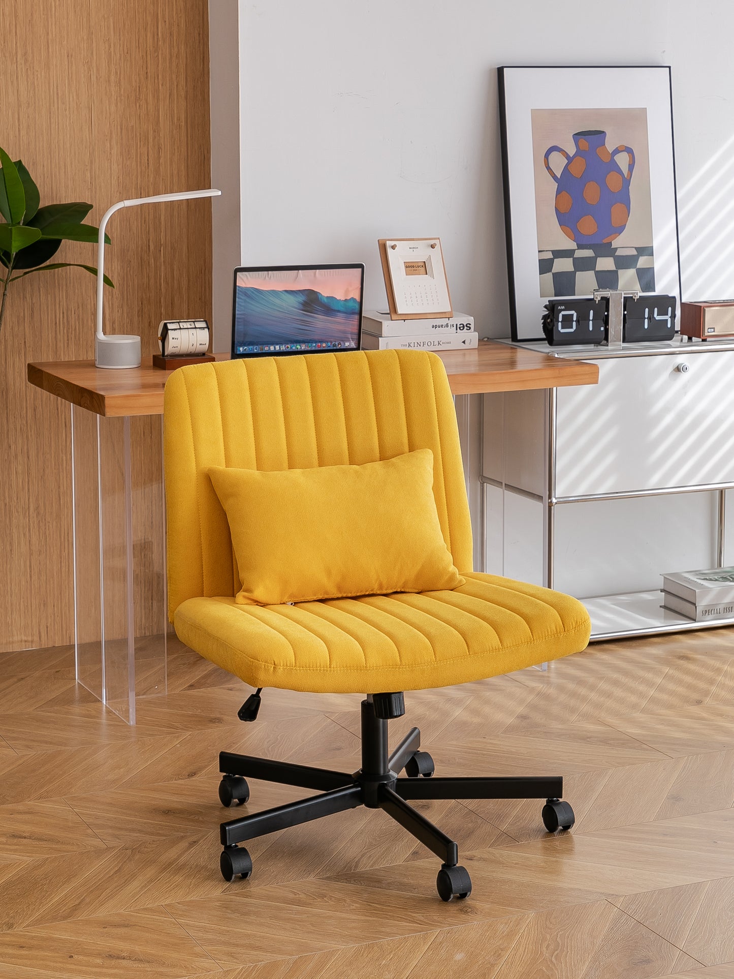 Yellow Linen Criss Cross Office Chair with Wheels - Ergonomic Design