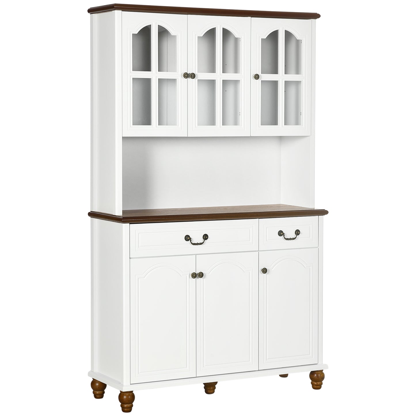 Freestanding Kitchen Buffet with Hutch - White Cabinet & Adjustable Shelves