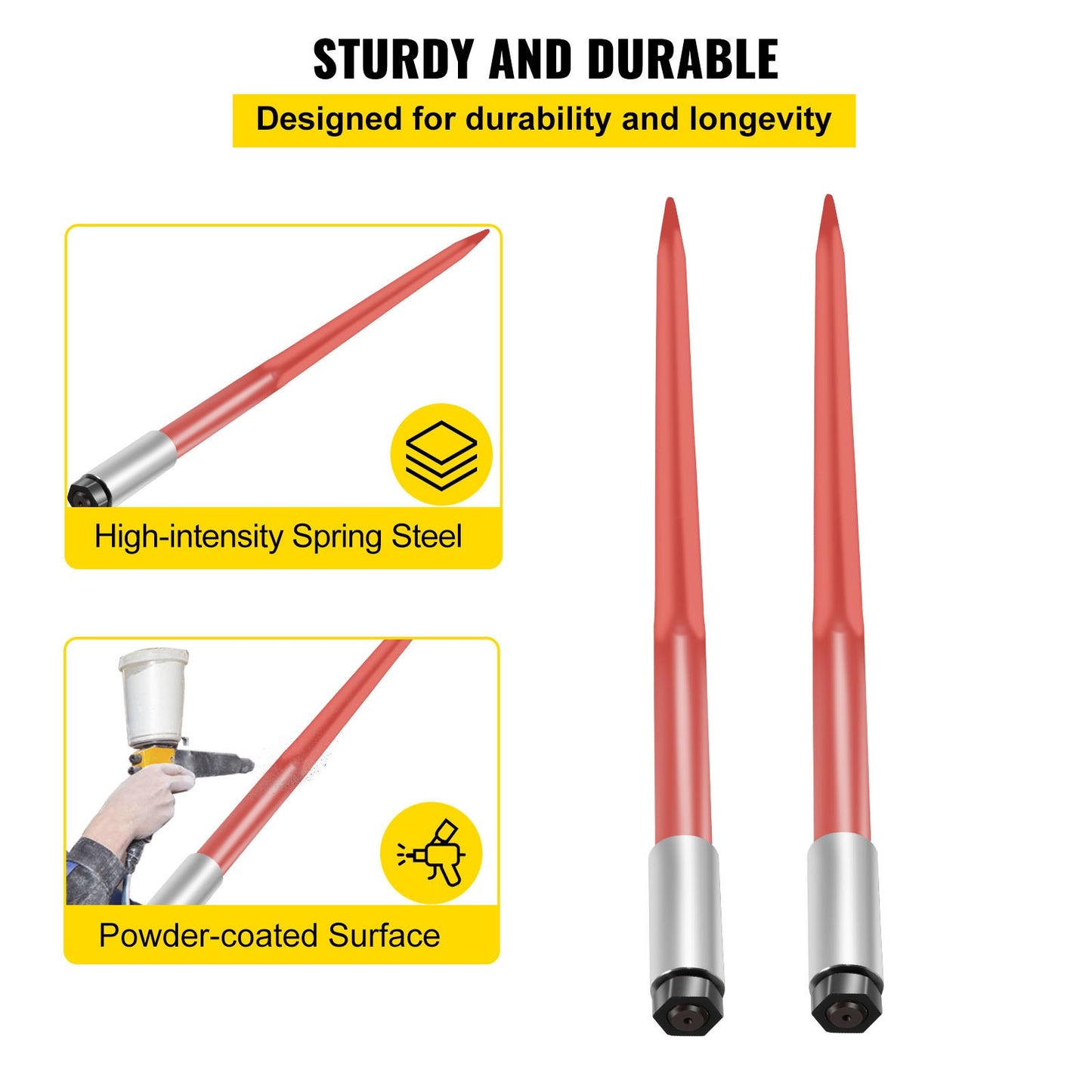 Hay Bale Spear 43-Inch Heavy-Duty Quick Attach Square Bale Fork 3000Lbs Capacity - Red Coated