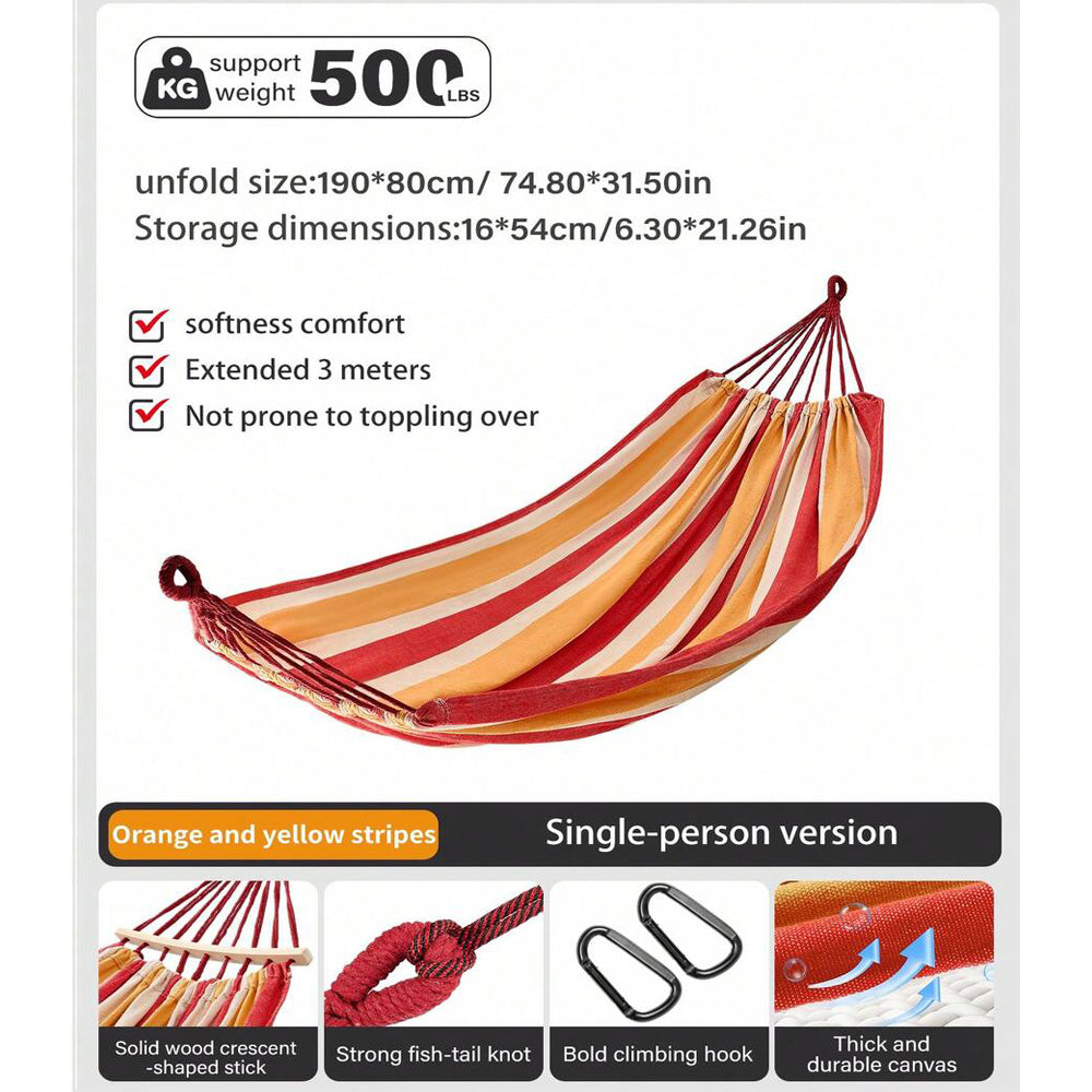 Portable Single Hammock with Wooden Spreader Bar - Max Load 500LBS