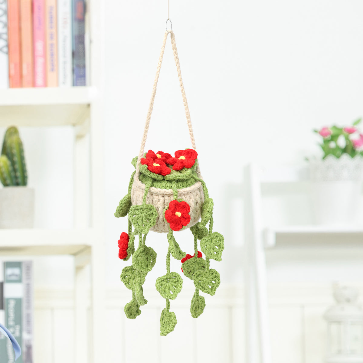 Handmade Crochet Hanging Potted Ornament with Red Blossoms & Green Vines - Indoor Home Decor