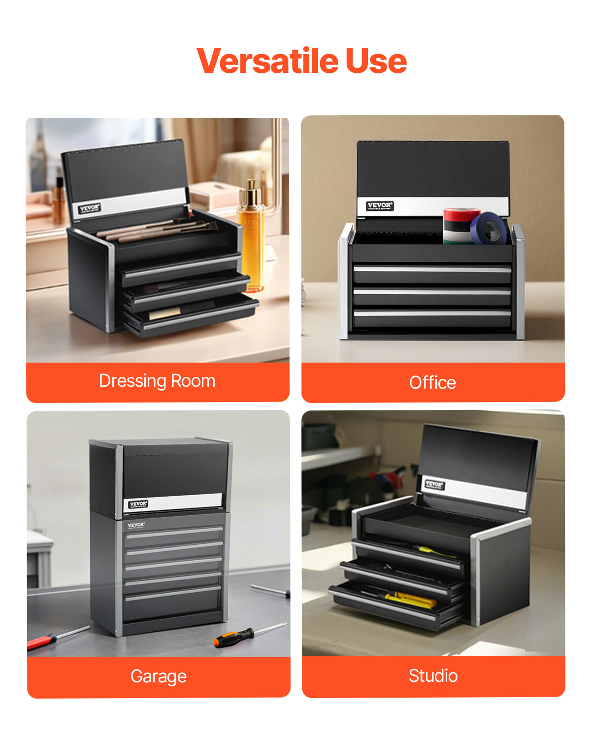 8.6-Inch Portable Metal Toolbox with 3 Drawers, Tool Organizer, Black