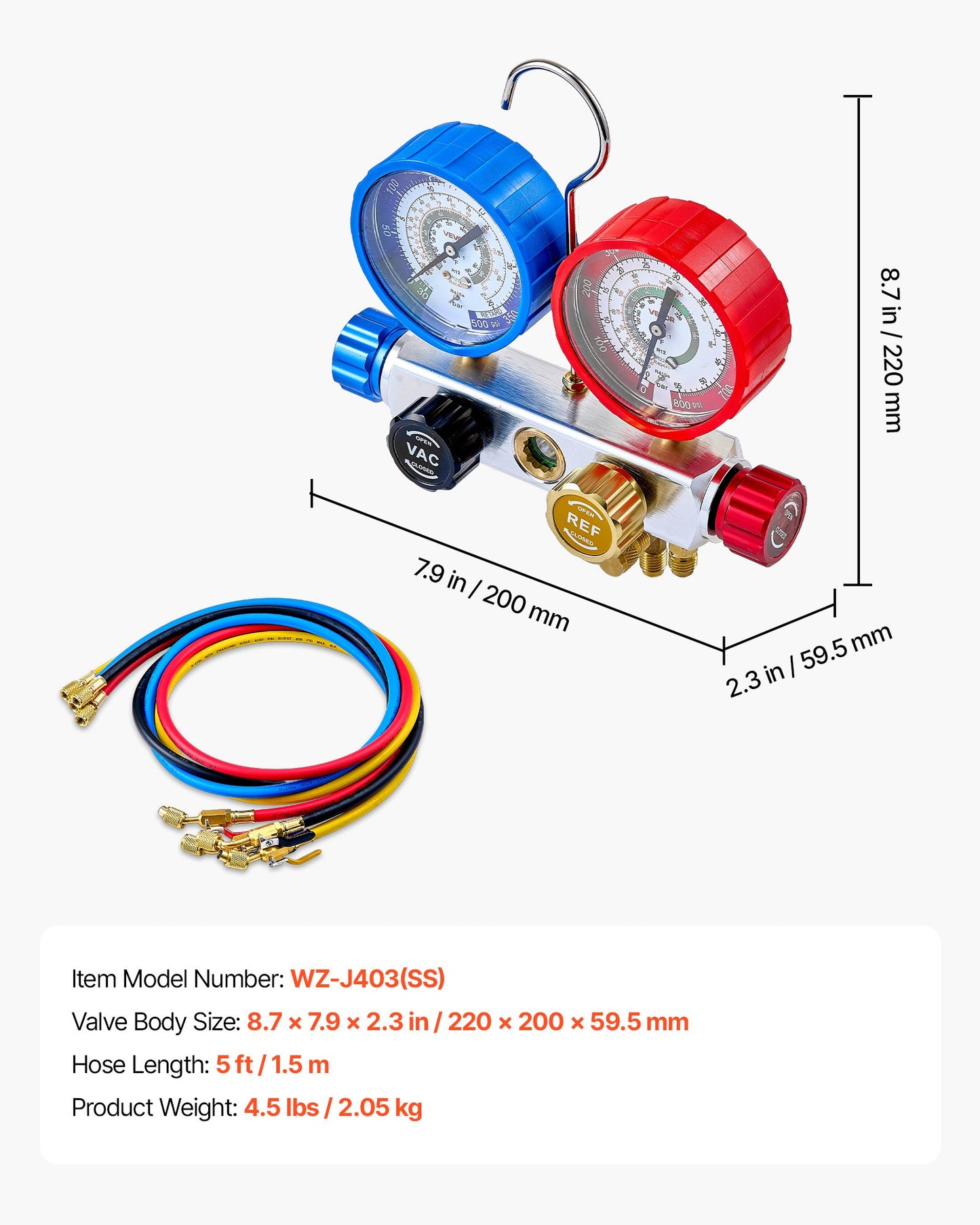 4-Way AC Manifold Gauge Set with 5ft Hoses for R22 R404A R410A R12 Refrigerants