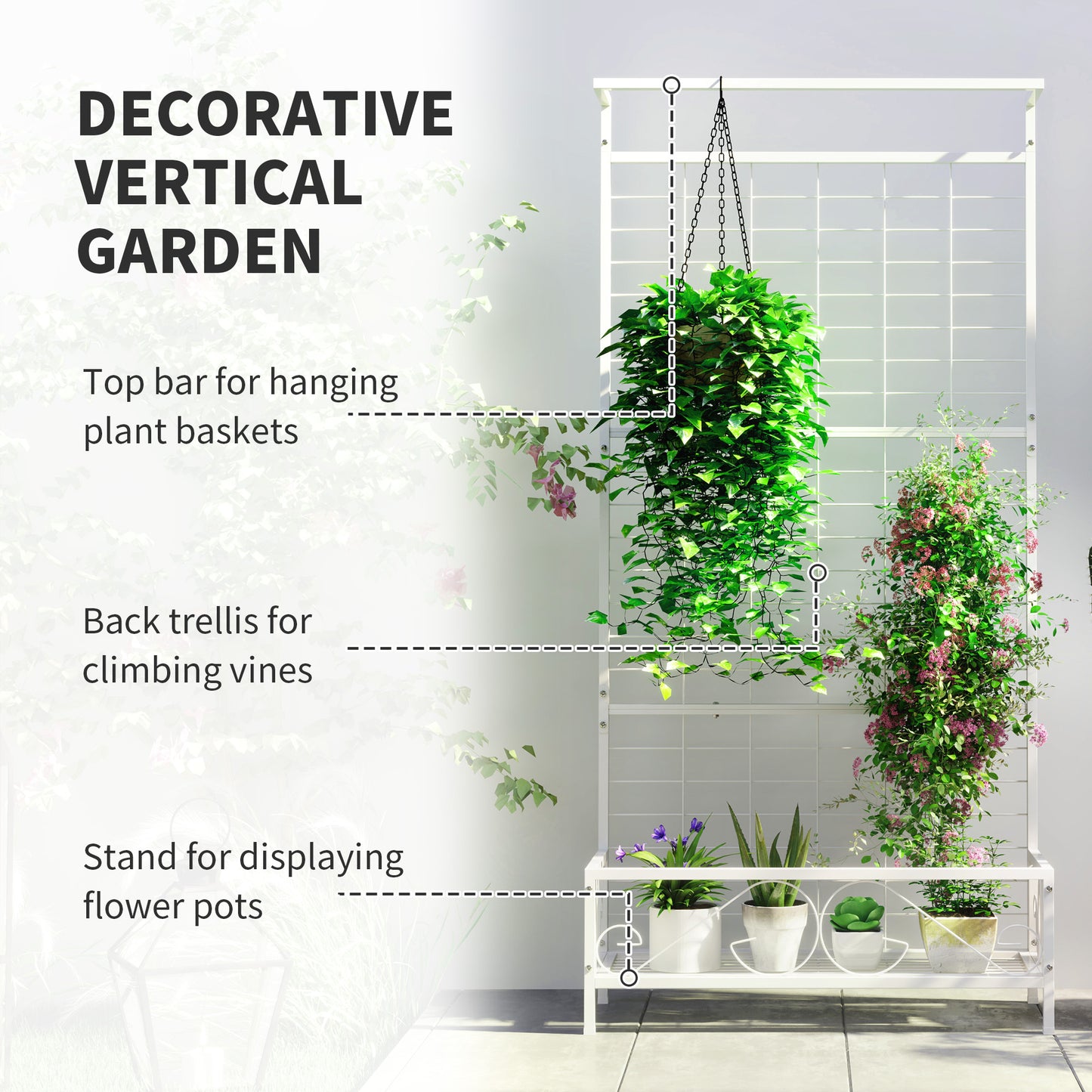 Tall Metal Plant Stand with Trellis and Hanging Bar, Indoor Outdoor Garden Display, White, 74 Inches
