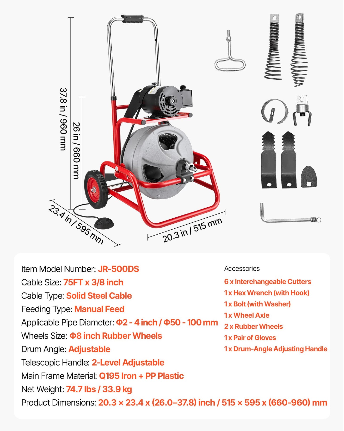 75 FT Drain Cleaning Machine with Steel Cable & 6 Cutters for 2-4 Inch Pipes