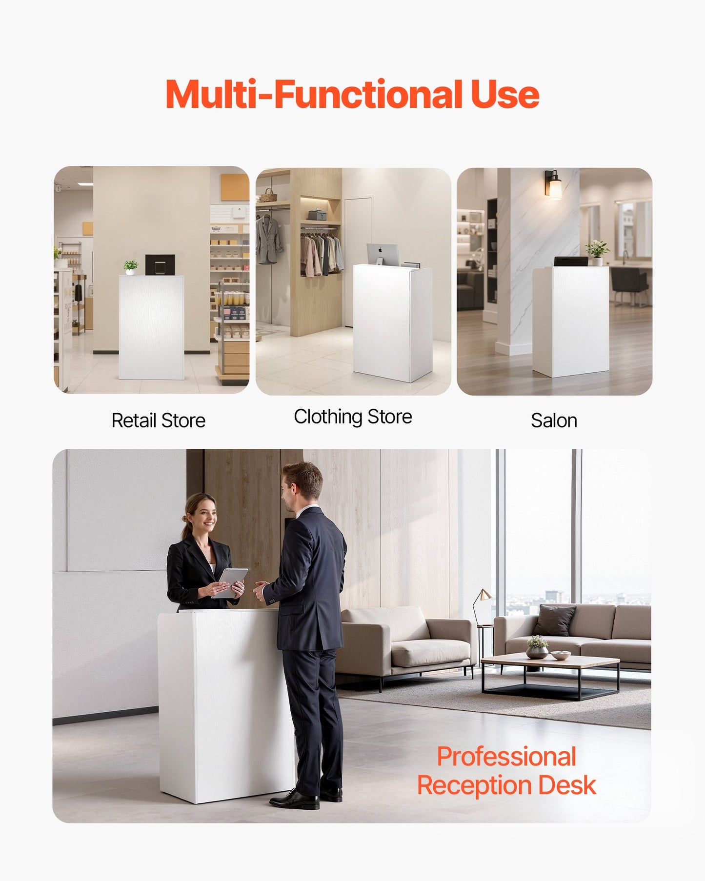 White Reception Desk 23.6 Inch Modern Front Counter Office Table with Drawer