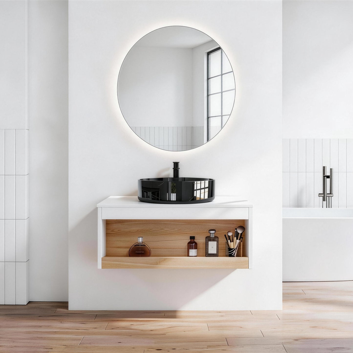 30" Floating Bathroom Vanity with Black Marble Vessel Sink