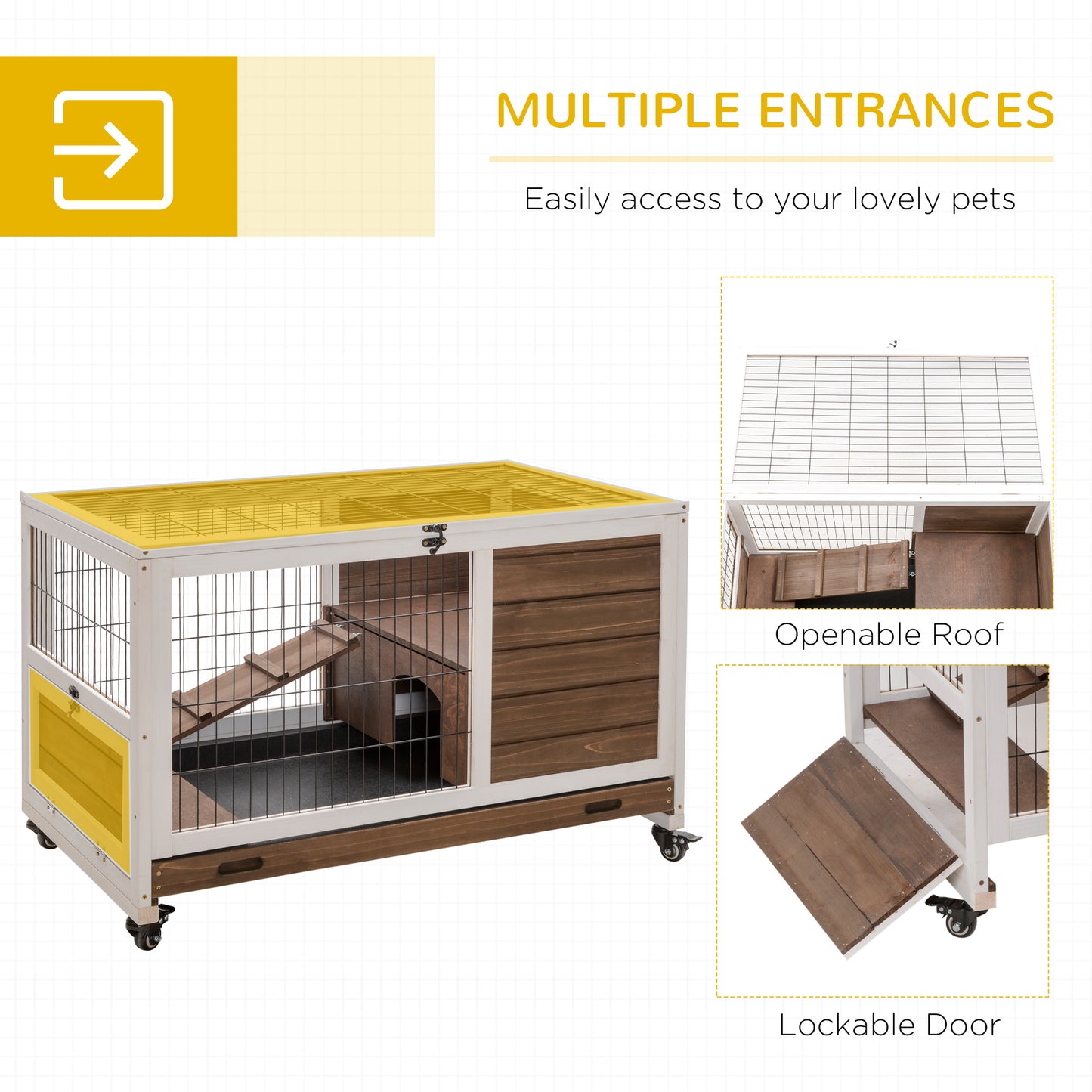 Indoor Rabbit Cage with Wheels & Pull-Out Tray - Small Animal House in Brown