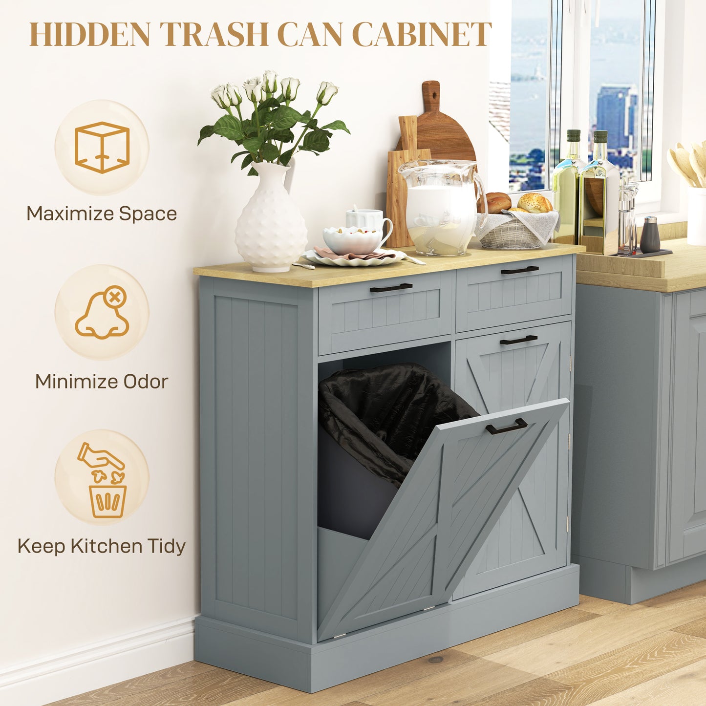 Farmhouse Tilt-Out Trash Can Cabinet with 2 Drawers - Gray