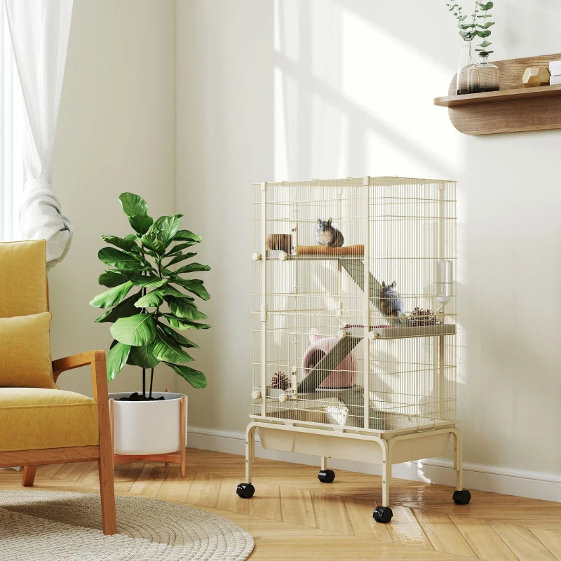 Small Animal Cage with Ramps and Water Bottle - 47 Inch Multi-Level Metal Enclosure
