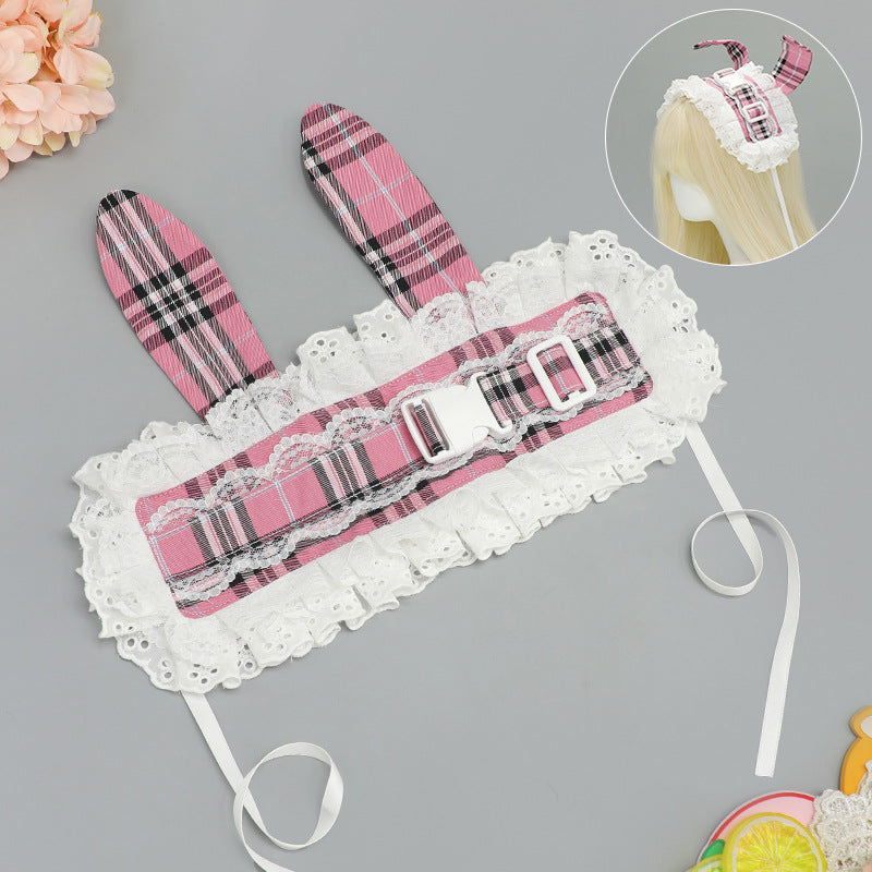 Cute Cat & Rabbit Hair Band - Retro Plaid Buckle