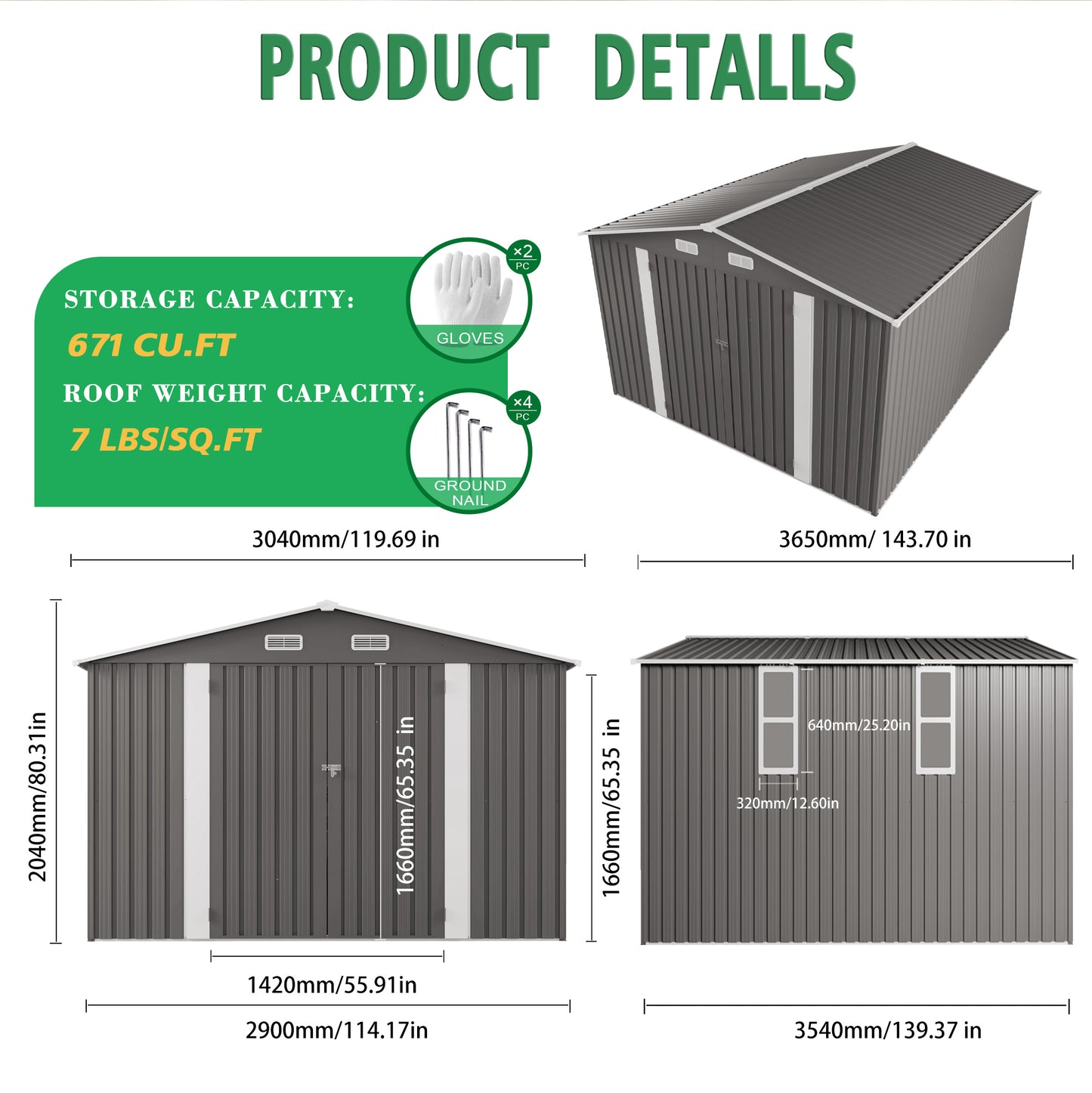 10x12FT Outdoor Storage Shed Large Metal Garden With Double Door And