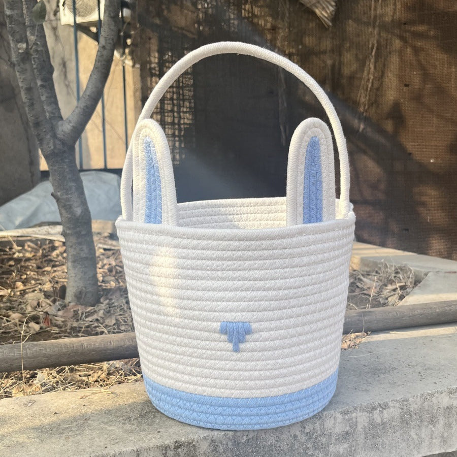 Easter Egg Handwoven Cotton Basket with Cartoon Rabbit Design – Multi-Color Storage Bag
