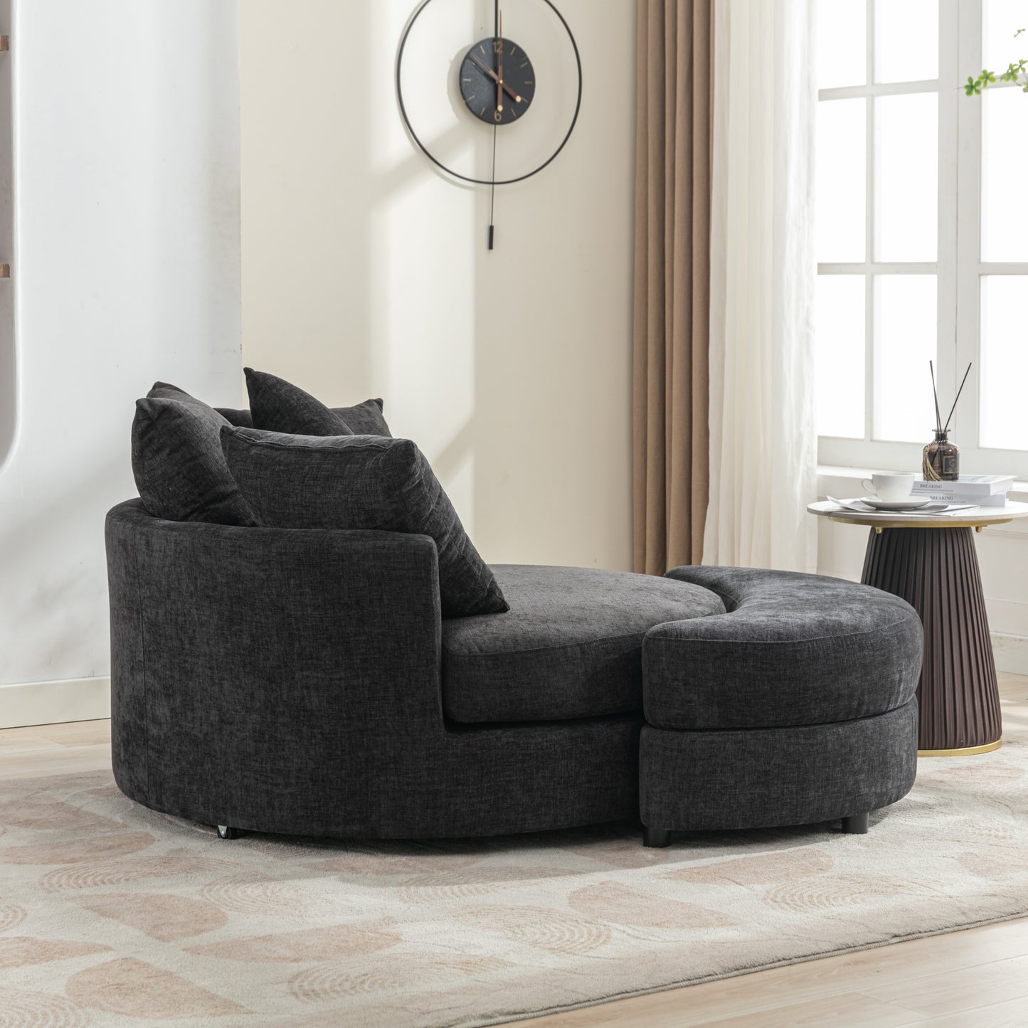 360° Swivel Accent Barrel Chair with Storage Ottoman & 4 Pillows - Gray