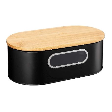 Black Metal and Bamboo Bread Box - Food Storage Organizer for Kitchen