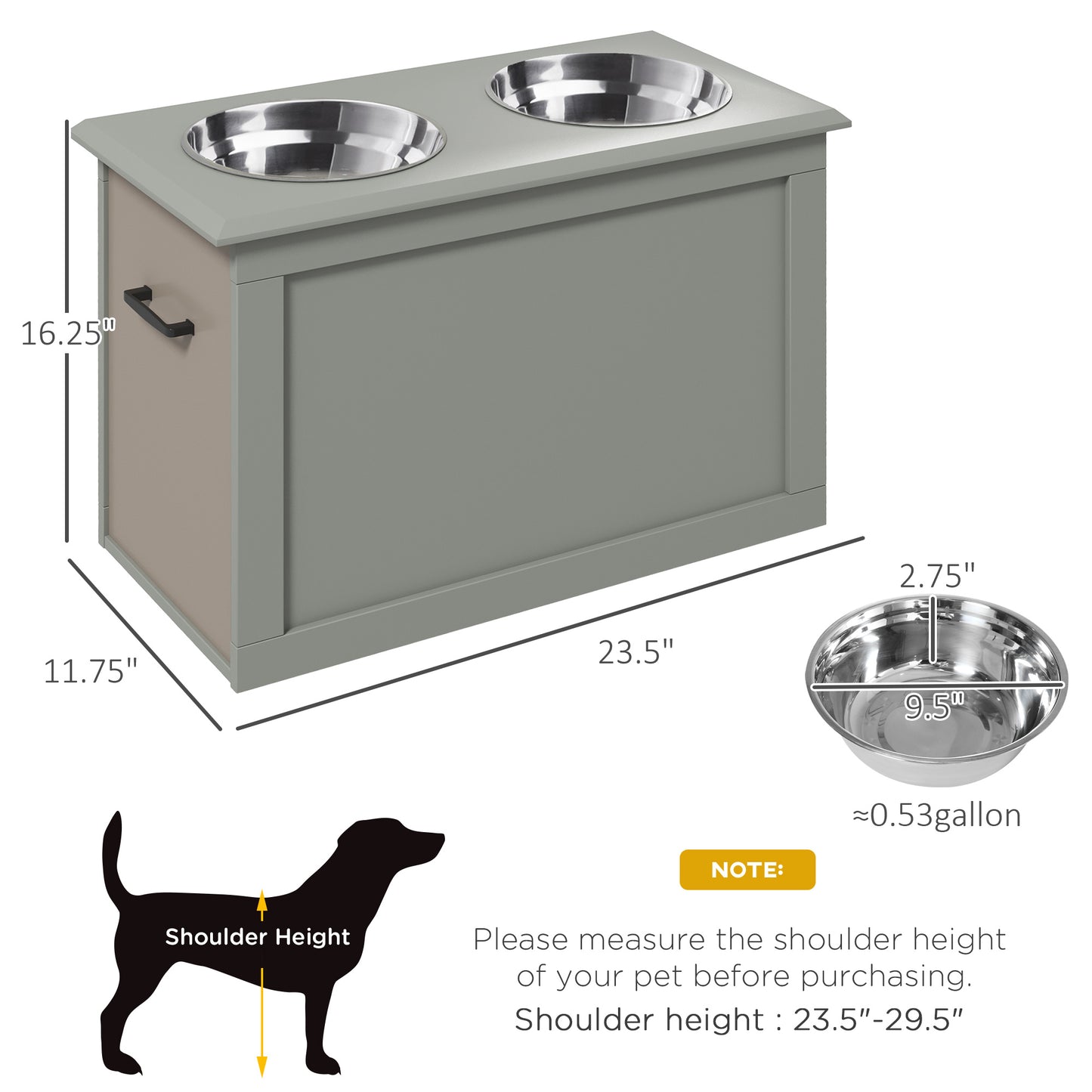 Raised Pet Feeding Station with 2 Stainless Steel Bowls for Large Dogs - Gray