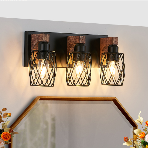 18-Inch Industrial Vintage Wall Sconce - Black Cage & Wooden Accents, 3-Light Fixture