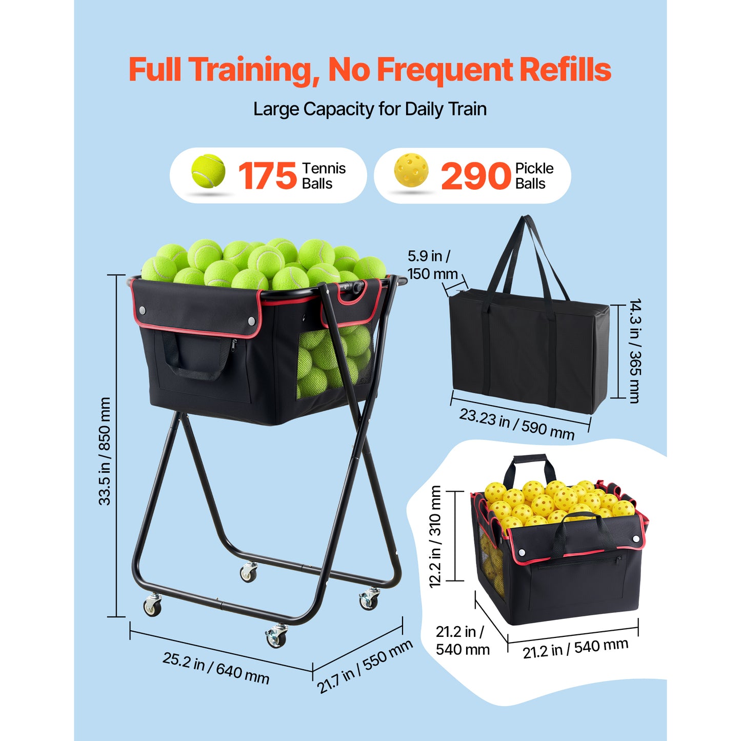 Tennis Ball Hopper with Wheels - Holds 175 Tennis Balls or 290 Pickleballs, Foldable Portable Cart for Training and Coaching