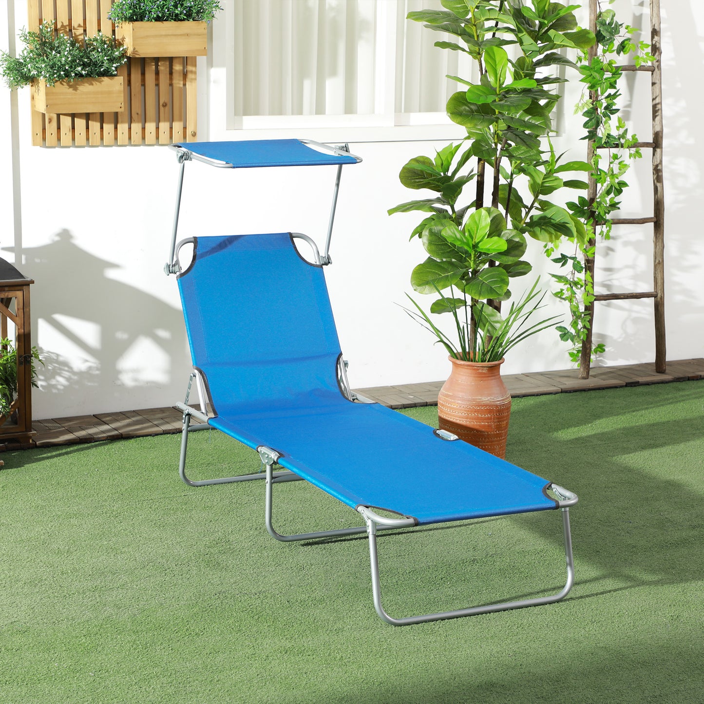 Folding Outdoor Chaise Lounge Chair with Sun Shade - Blue