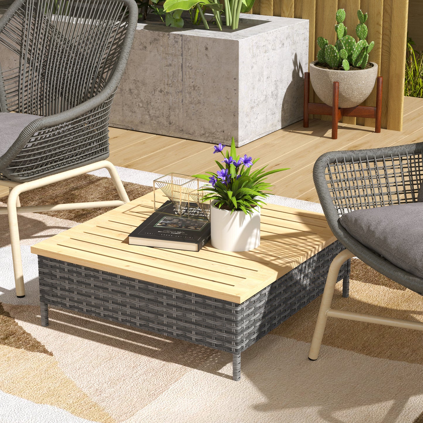 Outdoor Side Table with Gray PE Rattan & Fir Wood Top