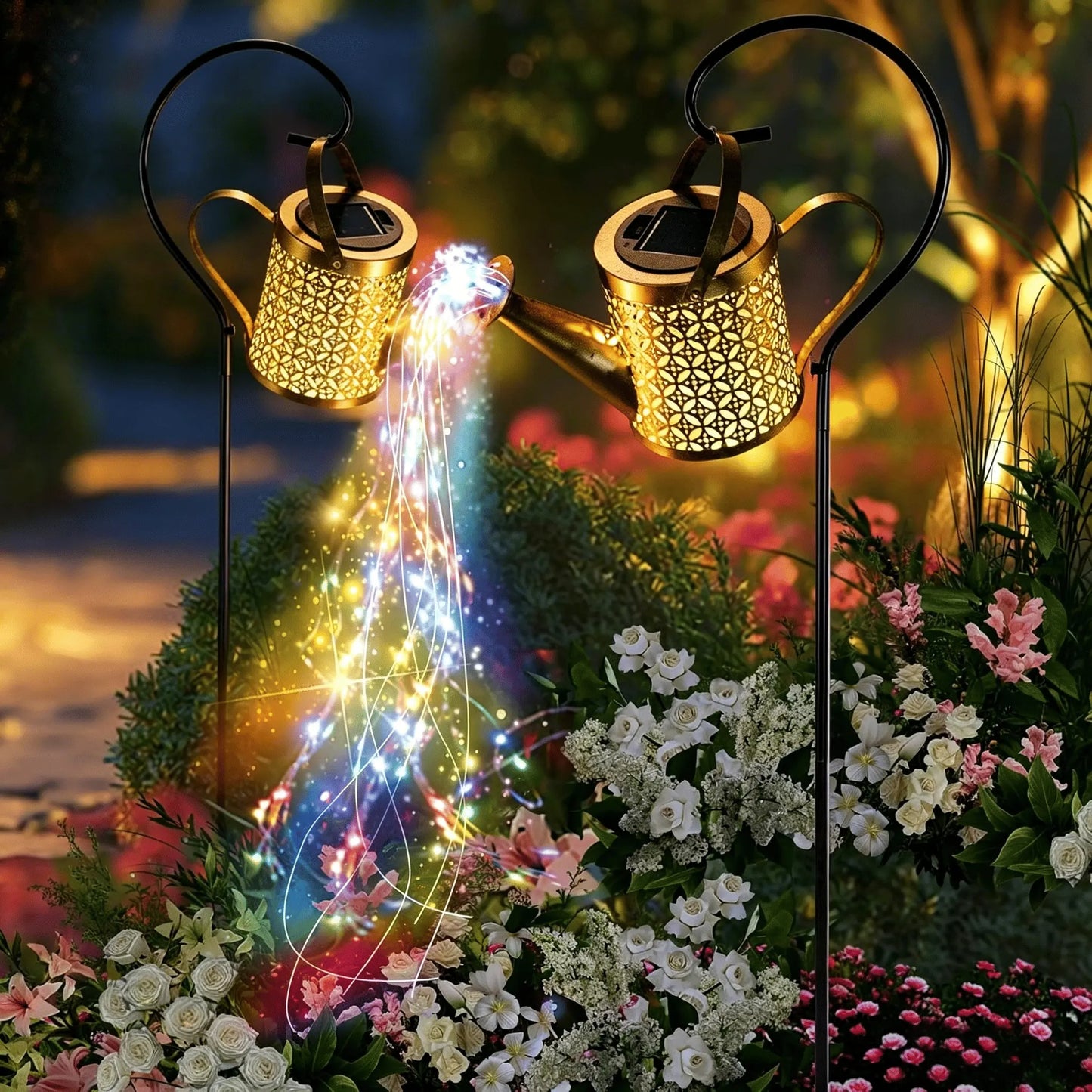 Outdoor Solar Watering Can Lantern String Lights Garden Decor Waterproof Metal Kettle