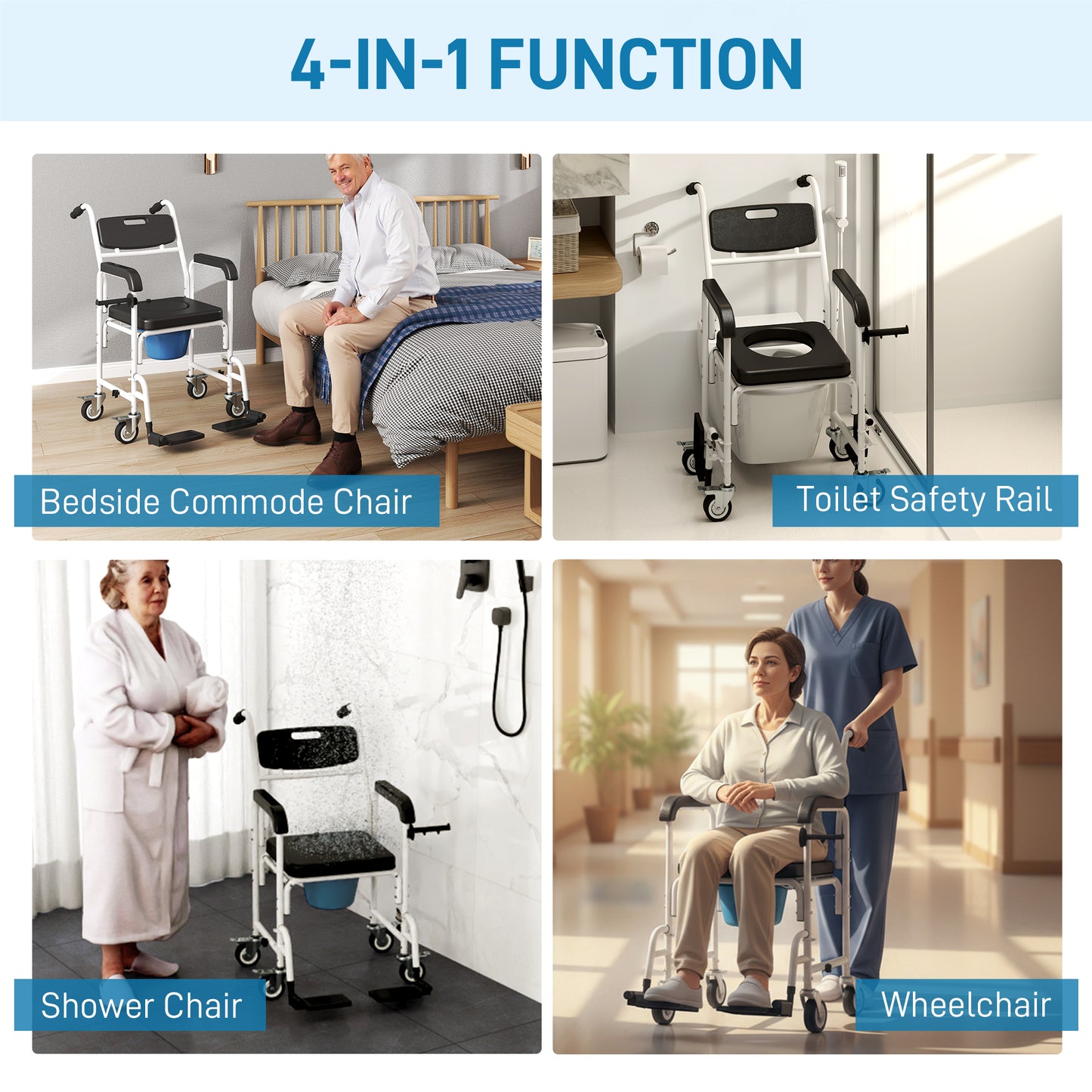 4-in-1 Shower Wheelchair for Seniors - Commode Chair with Locking Wheels, Black