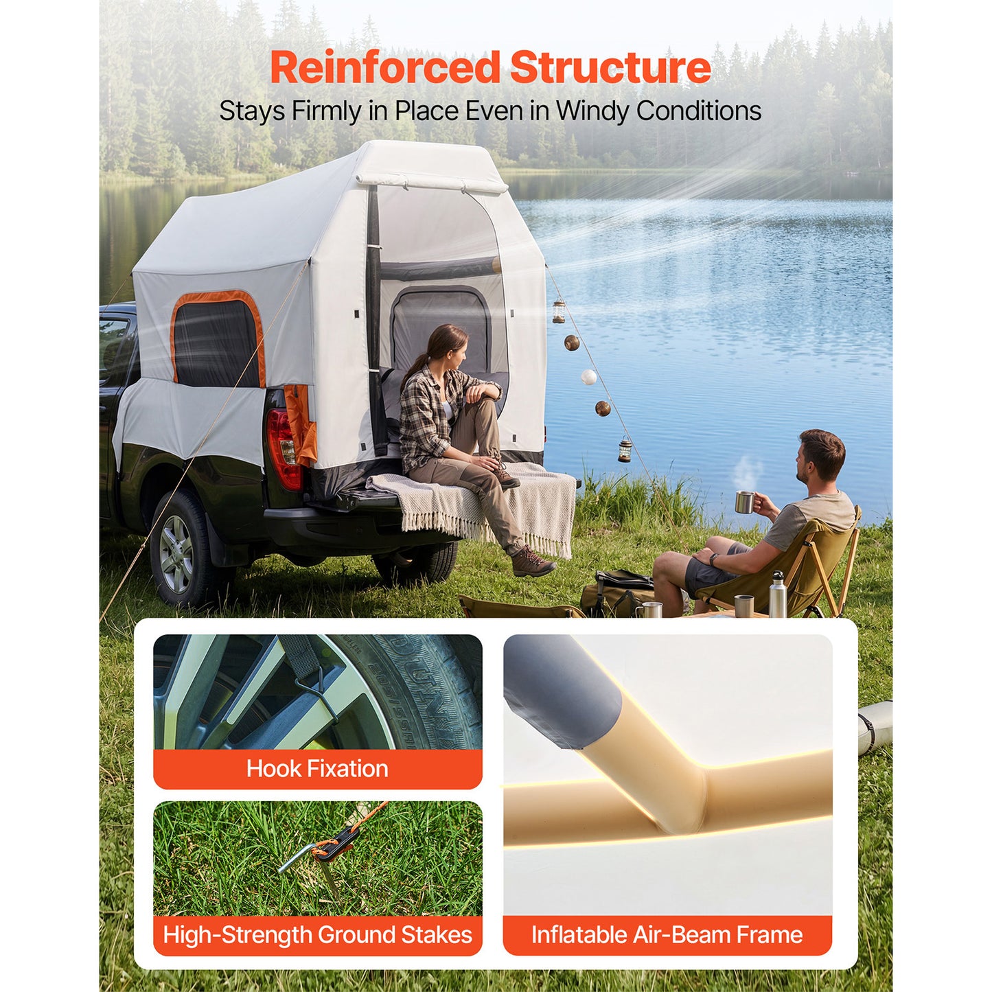 Inflatable Pickup Truck Tent - Waterproof 7.2x5.4 FT 3-Season Camping Shelter with Ventilated Mesh Windows