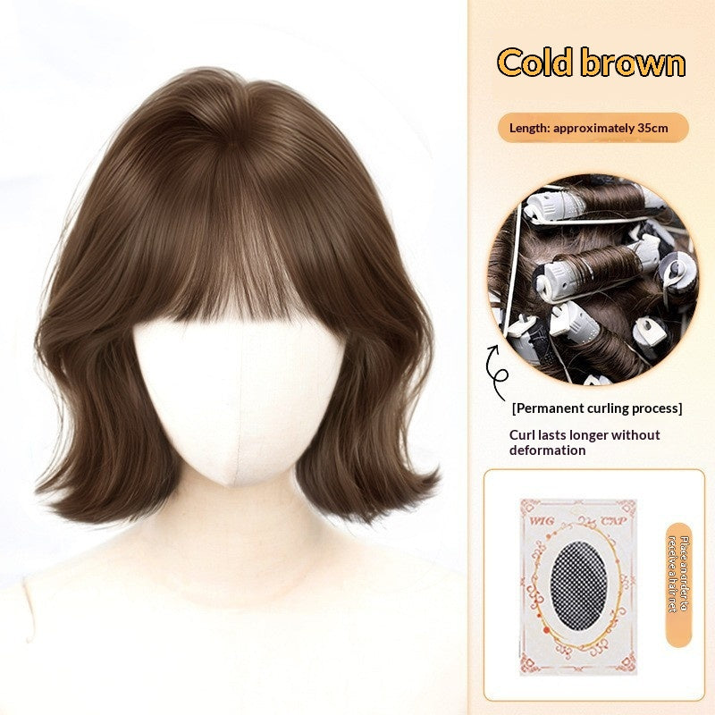Lightly Curled Synthetic Wig Set with Blunt Bangs - Natural Look for Women