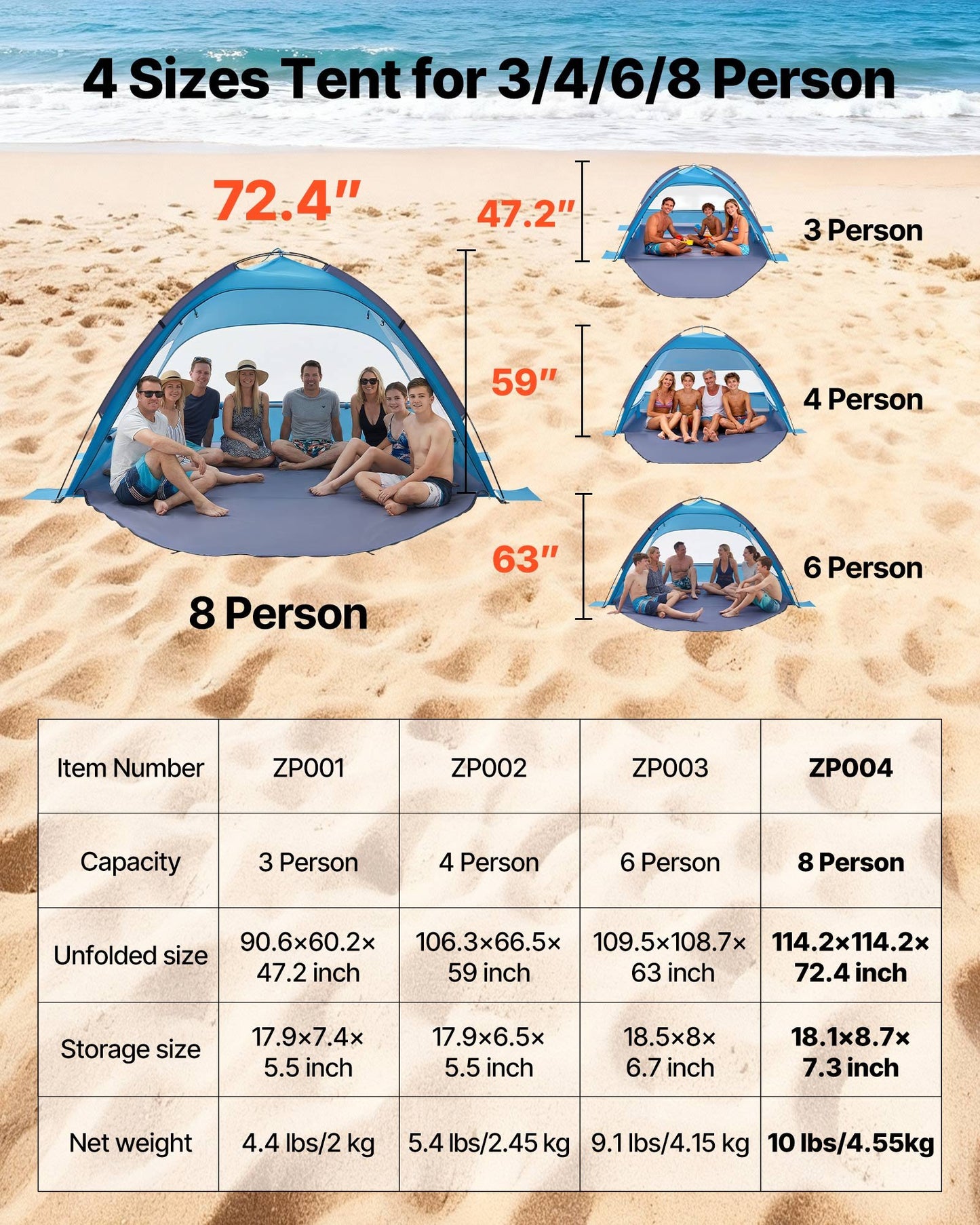8-Person Beach Sun Shelter Tent UPF 50+ Portable Shade Canopy with Carrying Bag