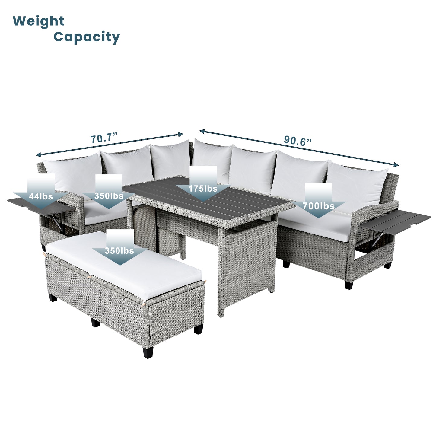 5-Piece Outdoor Rattan Sofa Set with Dining Table & Side Tables - White