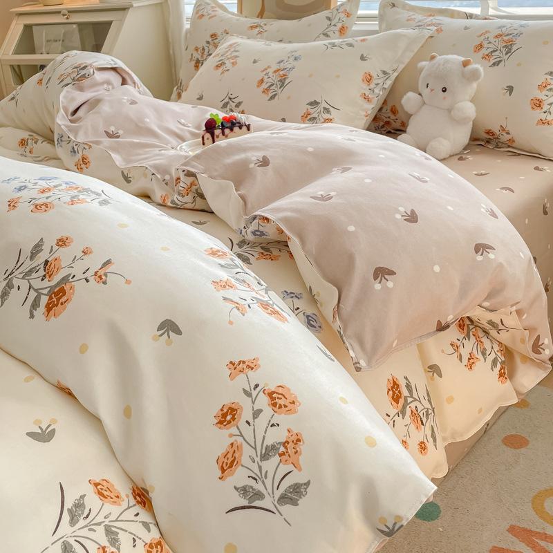 Cotton Bedding Set - Four-Piece Quilt Cover & Sheets with Skin-Friendly Sanded Finish